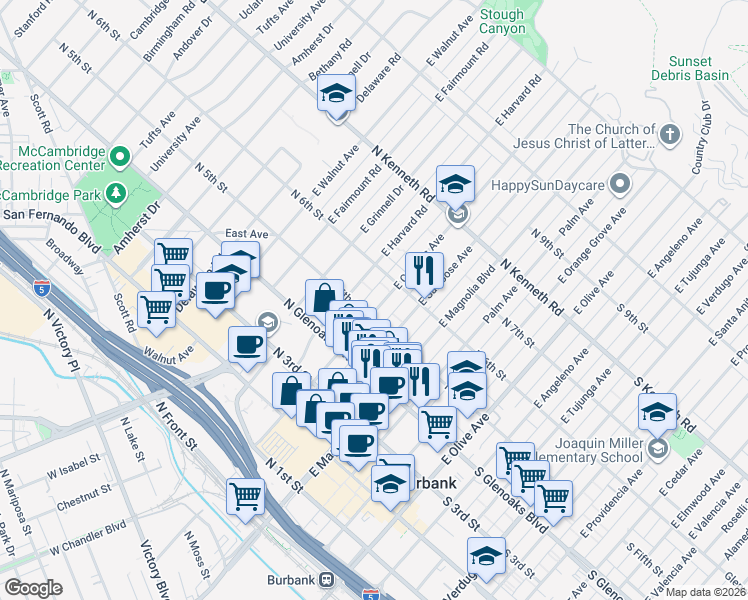 map of restaurants, bars, coffee shops, grocery stores, and more near 510 East Cypress Avenue in Burbank