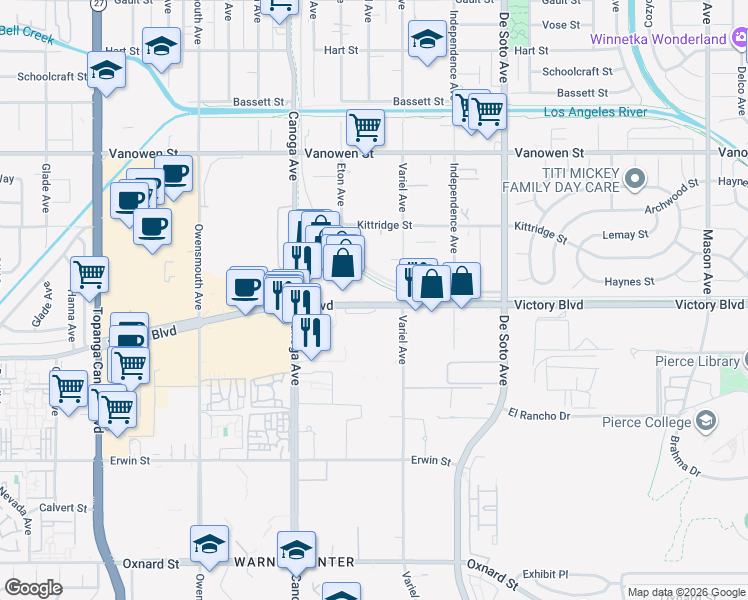 map of restaurants, bars, coffee shops, grocery stores, and more near 21200 Victory Boulevard in Los Angeles