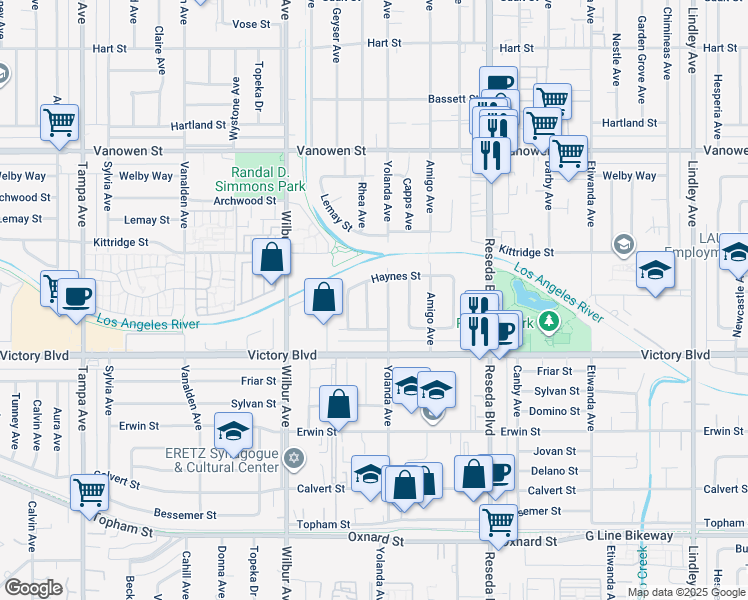 map of restaurants, bars, coffee shops, grocery stores, and more near 6504 Rhea Avenue in Los Angeles