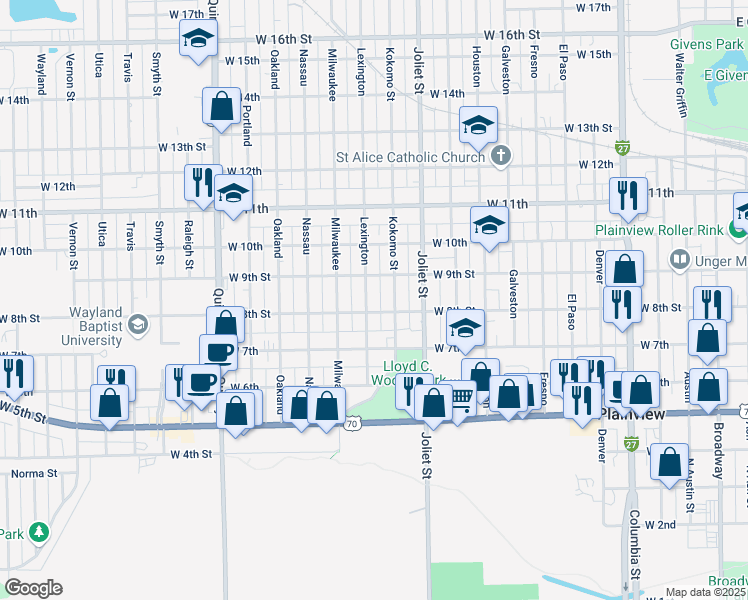 map of restaurants, bars, coffee shops, grocery stores, and more near 714 Lexington Street in Plainview