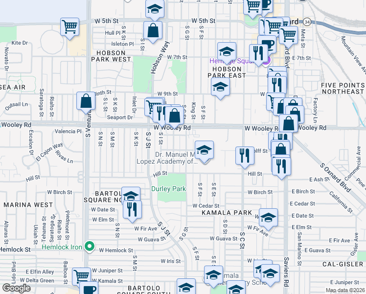 map of restaurants, bars, coffee shops, grocery stores, and more near 1183 South G Street in Oxnard