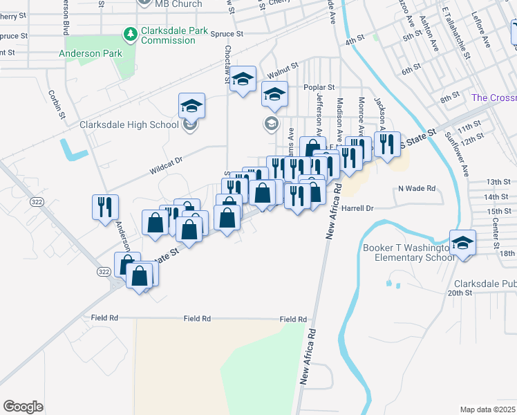 map of restaurants, bars, coffee shops, grocery stores, and more near 776 South State Street in Clarksdale