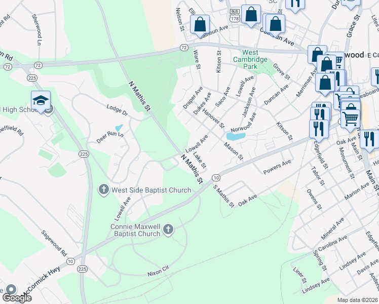 map of restaurants, bars, coffee shops, grocery stores, and more near 212 Mathis Street North in Greenwood