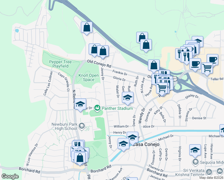 map of restaurants, bars, coffee shops, grocery stores, and more near 3444 Cary Court in Thousand Oaks