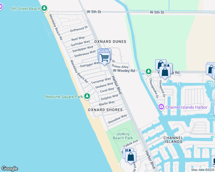 map of restaurants, bars, coffee shops, grocery stores, and more near 5029 Coral Way in Oxnard