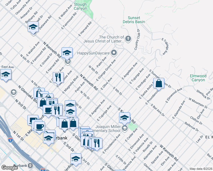 map of restaurants, bars, coffee shops, grocery stores, and more near 814 East Olive Avenue in Burbank