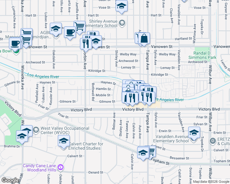 map of restaurants, bars, coffee shops, grocery stores, and more near 19510 Mobile Street in Los Angeles