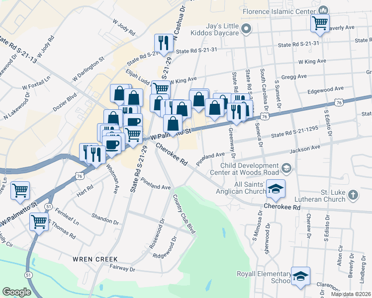 map of restaurants, bars, coffee shops, grocery stores, and more near 1717 Cherokee Road in Florence