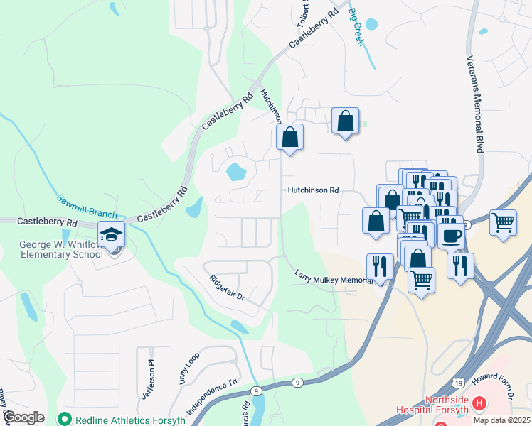 map of restaurants, bars, coffee shops, grocery stores, and more near 3720 Werrington Drive in Cumming