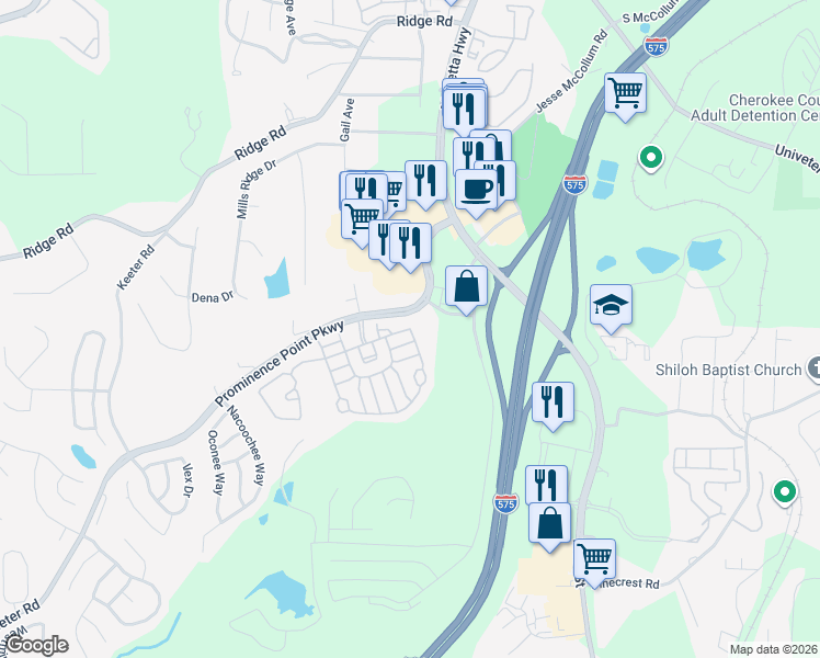 map of restaurants, bars, coffee shops, grocery stores, and more near 118 Oleander Way in Canton
