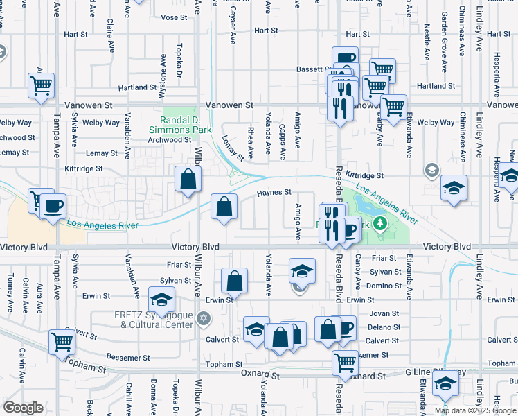 map of restaurants, bars, coffee shops, grocery stores, and more near 6504 Rhea Avenue in Los Angeles