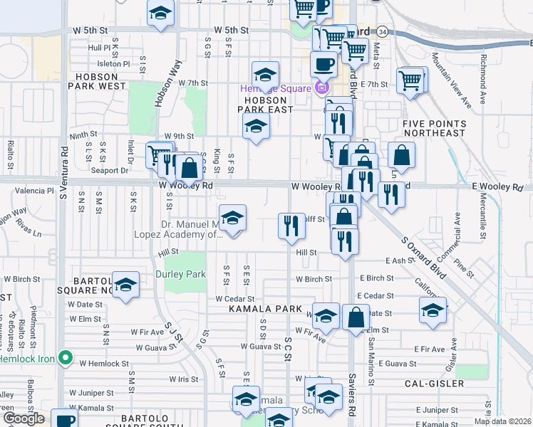 map of restaurants, bars, coffee shops, grocery stores, and more near 1212 South D Street in Oxnard