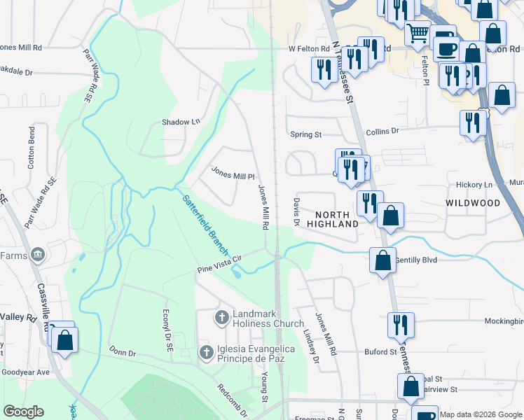 map of restaurants, bars, coffee shops, grocery stores, and more near 918 Jones Mill Road in Cartersville