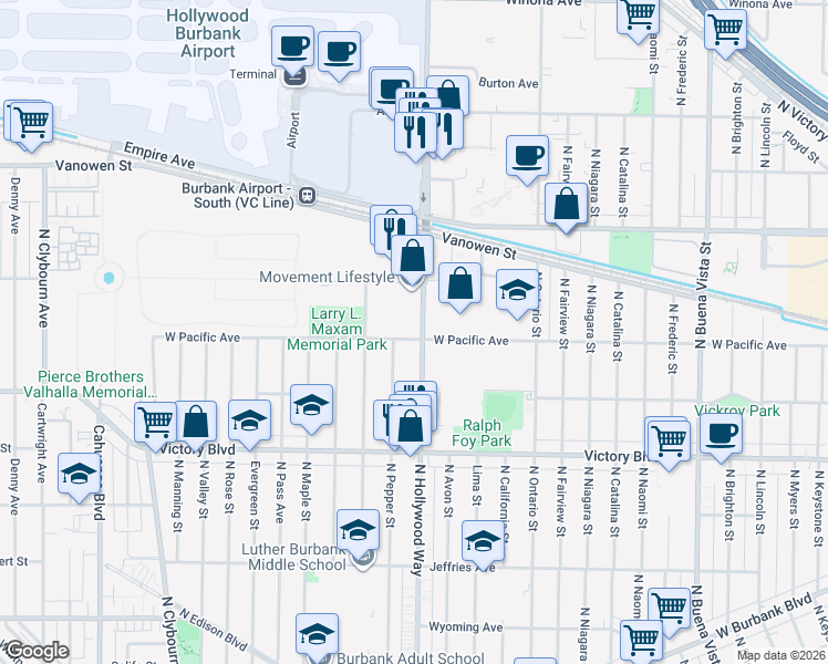 map of restaurants, bars, coffee shops, grocery stores, and more near 2136 North Pepper Street in Burbank