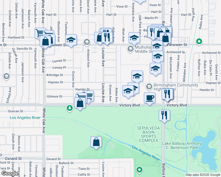 map of restaurants, bars, coffee shops, grocery stores, and more near Graves Avenue in Los Angeles