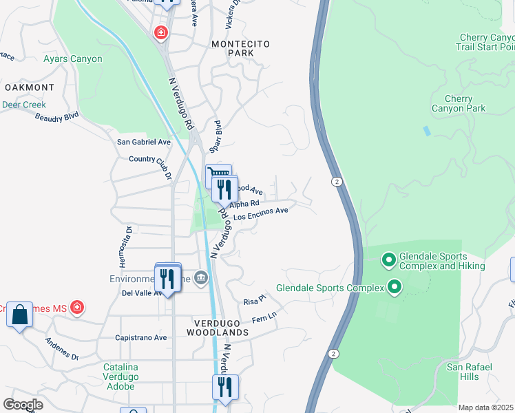 map of restaurants, bars, coffee shops, grocery stores, and more near 1852 Alpha Road in Glendale