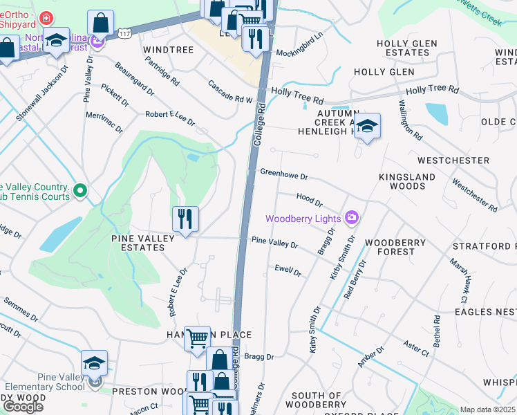 map of restaurants, bars, coffee shops, grocery stores, and more near 3225 College Road in Wilmington