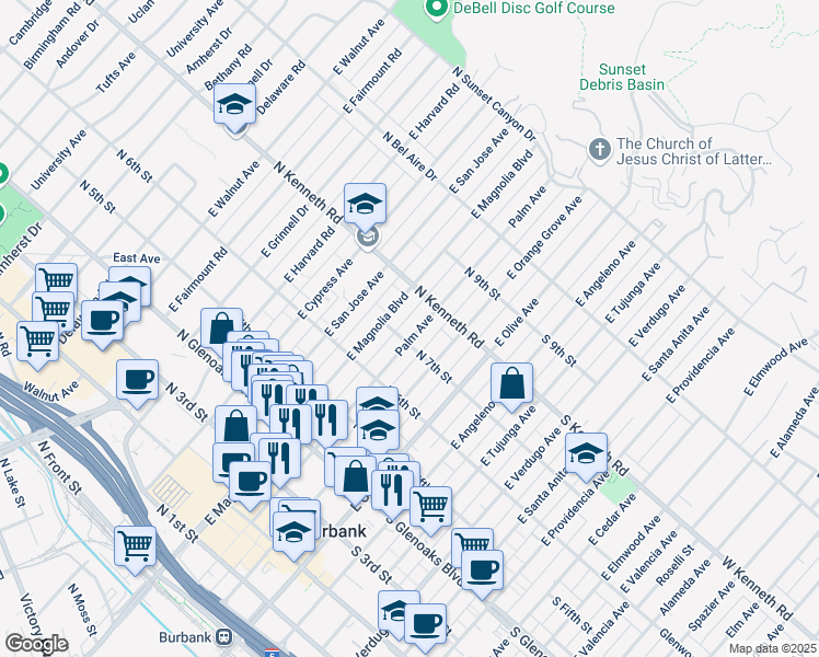 map of restaurants, bars, coffee shops, grocery stores, and more near 711 East Palm Avenue in Burbank