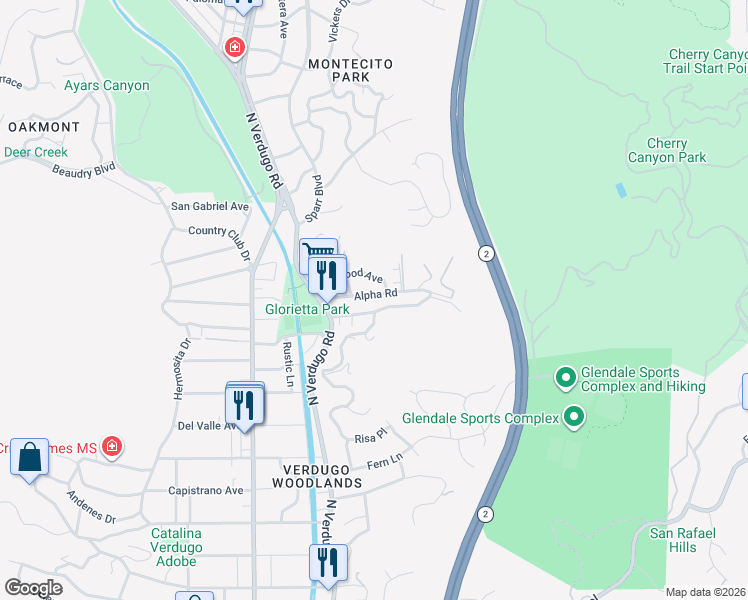 map of restaurants, bars, coffee shops, grocery stores, and more near 1852 Alpha Road in Glendale