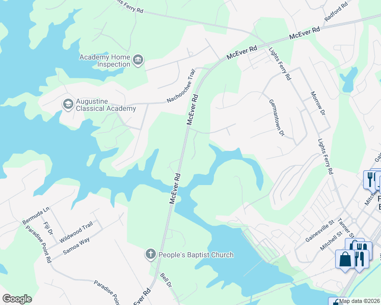 map of restaurants, bars, coffee shops, grocery stores, and more near 6018 Catamaran Ct in Flowery Branch
