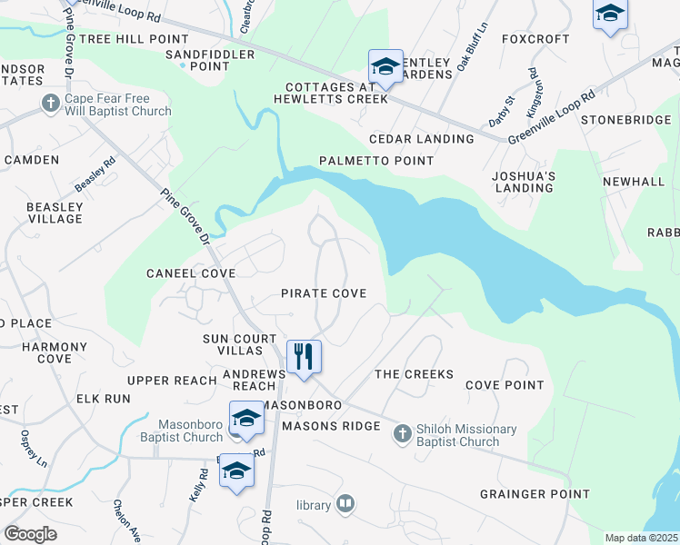 map of restaurants, bars, coffee shops, grocery stores, and more near 309 Buccaneer Road in Wilmington