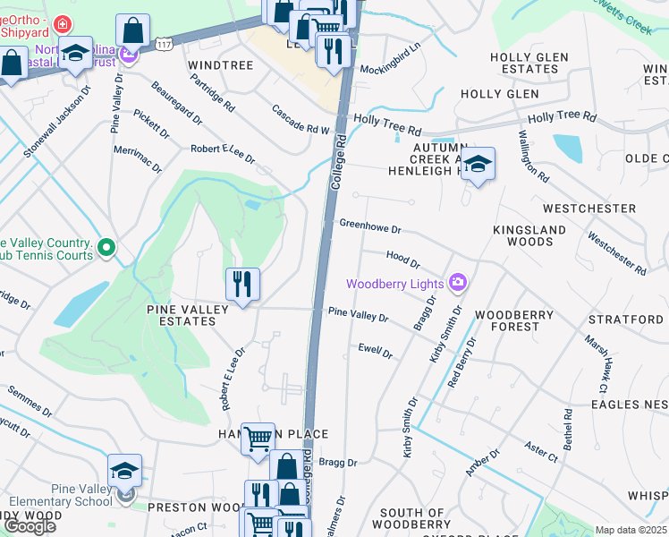 map of restaurants, bars, coffee shops, grocery stores, and more near 3225 College Road in Wilmington