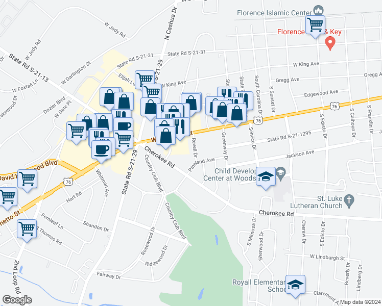 map of restaurants, bars, coffee shops, grocery stores, and more near 327 Revell Drive in Florence