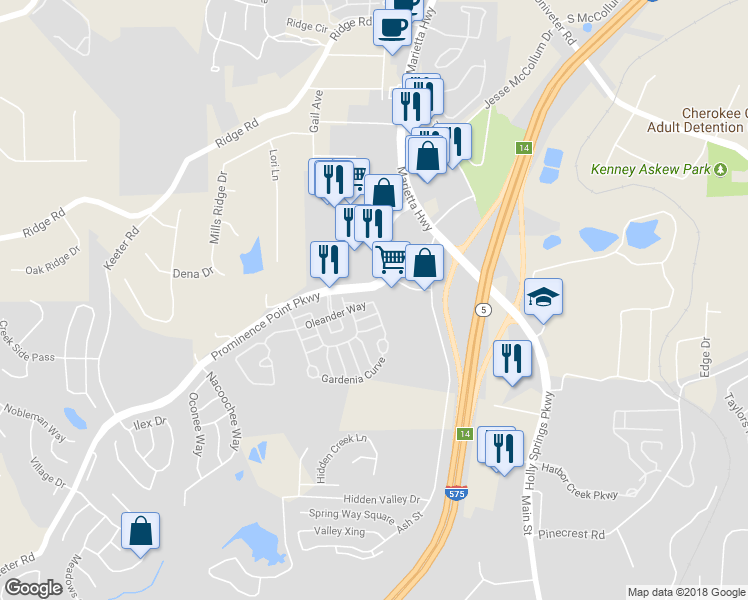 map of restaurants, bars, coffee shops, grocery stores, and more near 118 Oleander Way in Canton