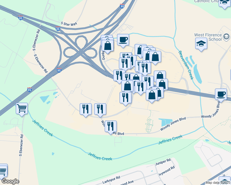map of restaurants, bars, coffee shops, grocery stores, and more near 3041 West Radio Drive in Florence