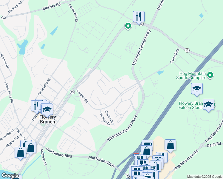 map of restaurants, bars, coffee shops, grocery stores, and more near 4675 Beacon Ridge Lane in Flowery Branch