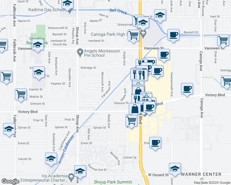 map of restaurants, bars, coffee shops, grocery stores, and more near 6501 Randi Avenue in Los Angeles