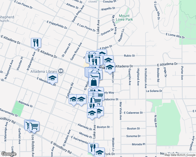 map of restaurants, bars, coffee shops, grocery stores, and more near 2490 Lake Avenue in Altadena