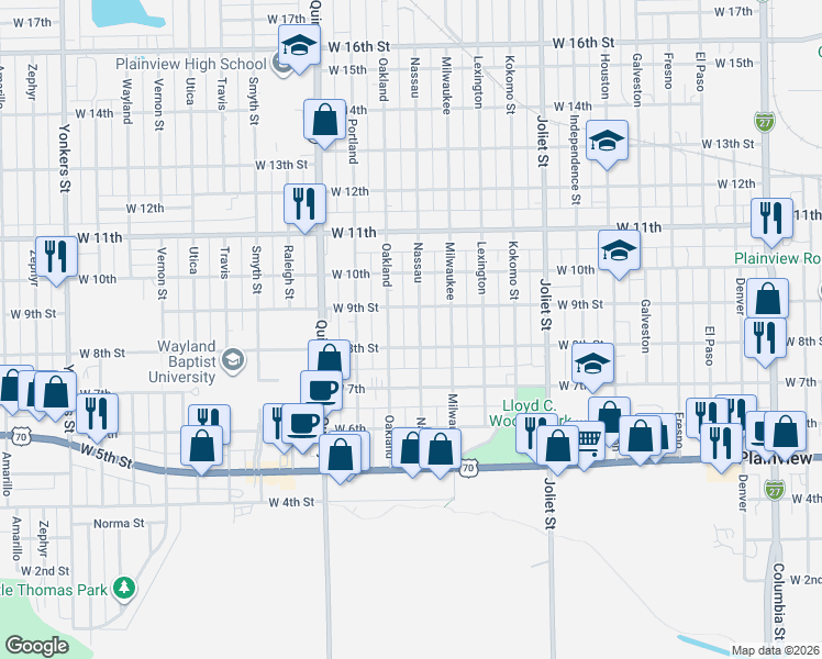 map of restaurants, bars, coffee shops, grocery stores, and more near 1501-1507 West 8th Street in Plainview