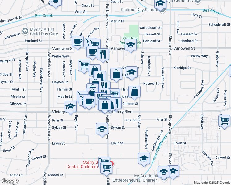 map of restaurants, bars, coffee shops, grocery stores, and more near 22756 Mobile Street in Los Angeles