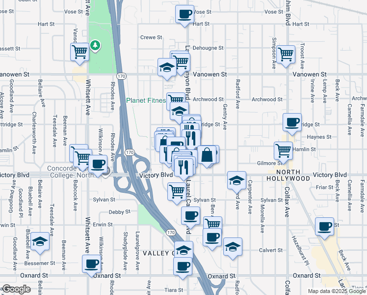 map of restaurants, bars, coffee shops, grocery stores, and more near 6501 Laurel Canyon Boulevard in Los Angeles