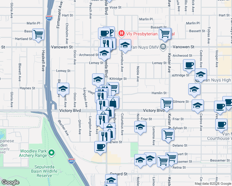map of restaurants, bars, coffee shops, grocery stores, and more near 15224 West Holyland Drive in Los Angeles