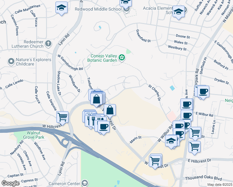 map of restaurants, bars, coffee shops, grocery stores, and more near 788 Pinetree Circle in Thousand Oaks