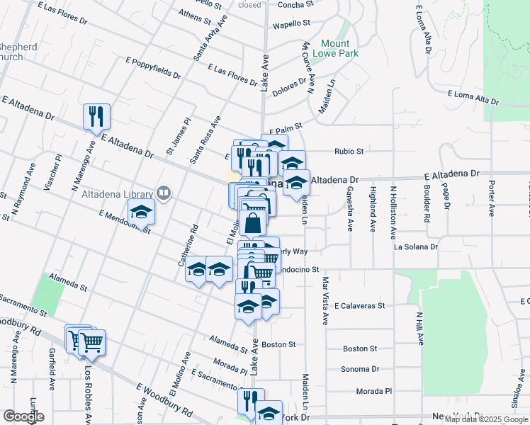 map of restaurants, bars, coffee shops, grocery stores, and more near 2490 Lake Avenue in Altadena
