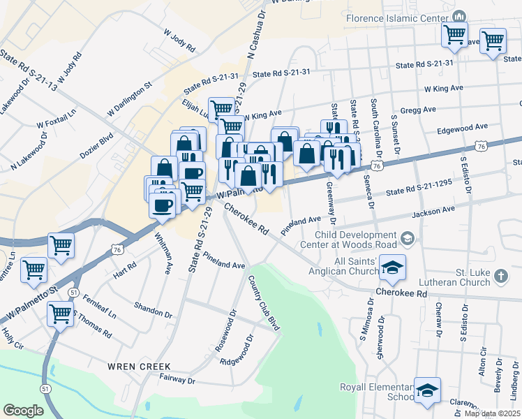 map of restaurants, bars, coffee shops, grocery stores, and more near 1717 Cherokee Road in Florence