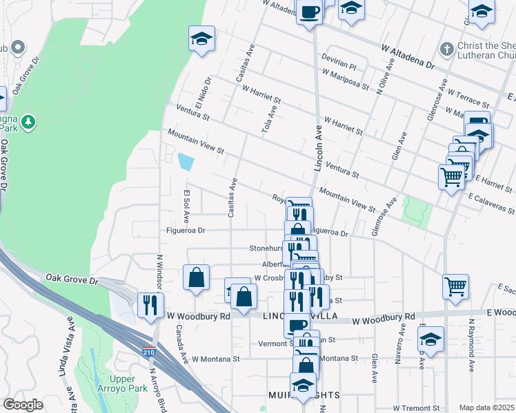 map of restaurants, bars, coffee shops, grocery stores, and more near 2463 North Canyada Avenue in Altadena