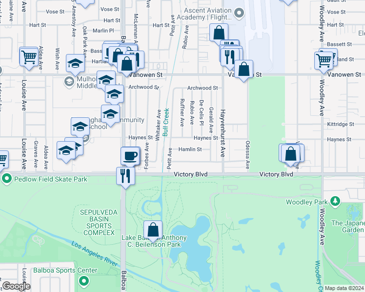 map of restaurants, bars, coffee shops, grocery stores, and more near 16637 Hamlin Street in Los Angeles