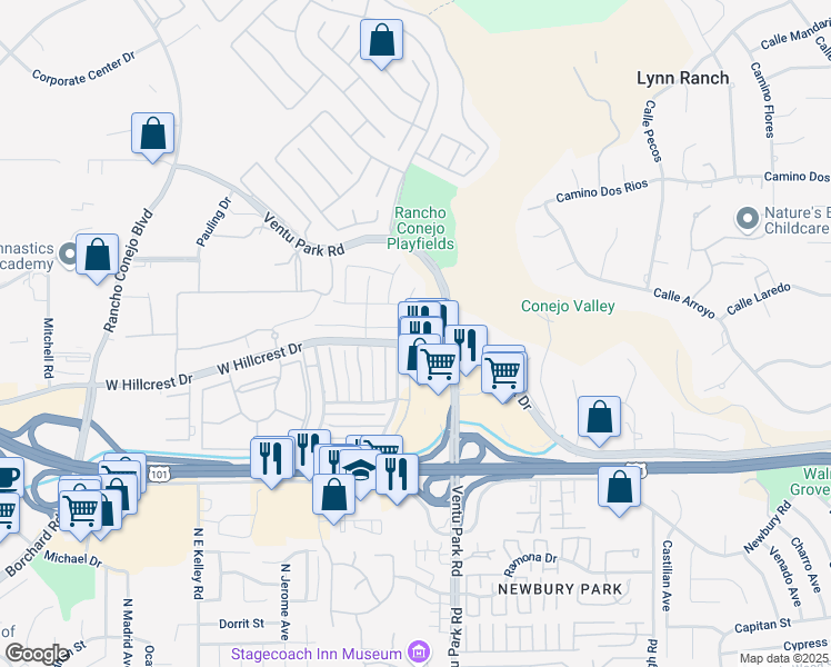 map of restaurants, bars, coffee shops, grocery stores, and more near 587 North Ventu Park Road in Thousand Oaks