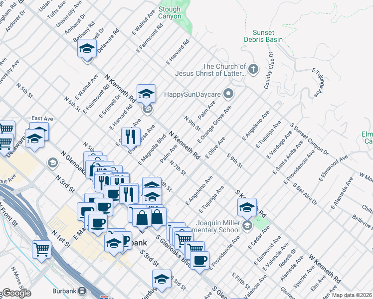 map of restaurants, bars, coffee shops, grocery stores, and more near 711 East Orange Grove Avenue in Burbank
