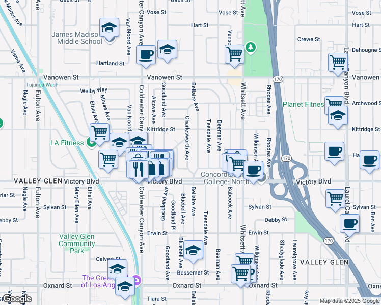map of restaurants, bars, coffee shops, grocery stores, and more near 6439 Charlesworth Avenue in Los Angeles