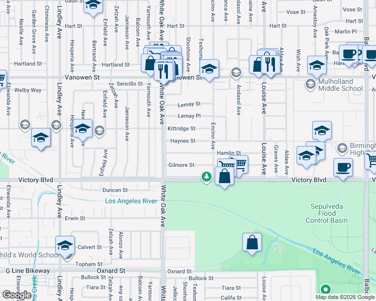 map of restaurants, bars, coffee shops, grocery stores, and more near 17601 Gilmore Street in Los Angeles