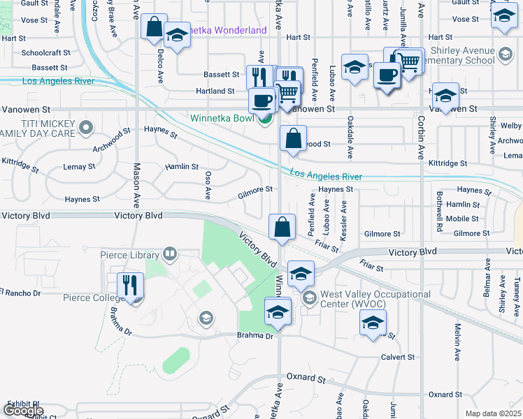 map of restaurants, bars, coffee shops, grocery stores, and more near 6501 Laramie Avenue in Los Angeles