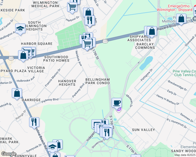 map of restaurants, bars, coffee shops, grocery stores, and more near 2820 Bloomfield Lane in Wilmington