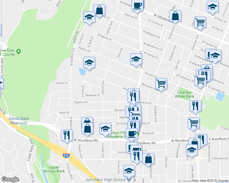 map of restaurants, bars, coffee shops, grocery stores, and more near 2508 North Canyada Avenue in Altadena