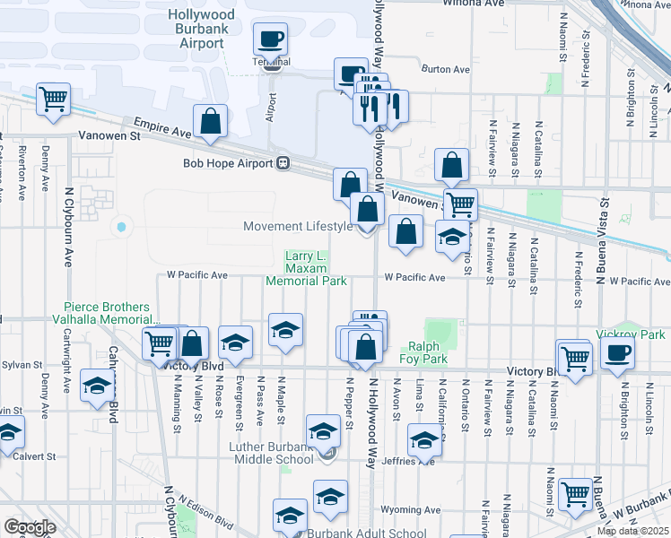 map of restaurants, bars, coffee shops, grocery stores, and more near 2137 North Screenland Drive in Burbank