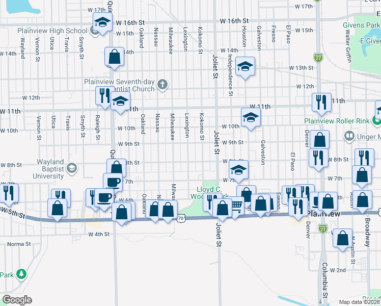 map of restaurants, bars, coffee shops, grocery stores, and more near 714 Lexington Street in Plainview